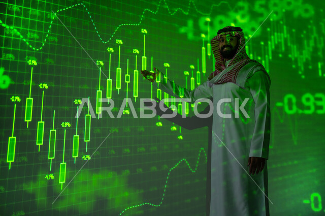 Saudi Graph Face Stock market, stock market shares rise, a Saudi Gulf Arab man wearing a ...