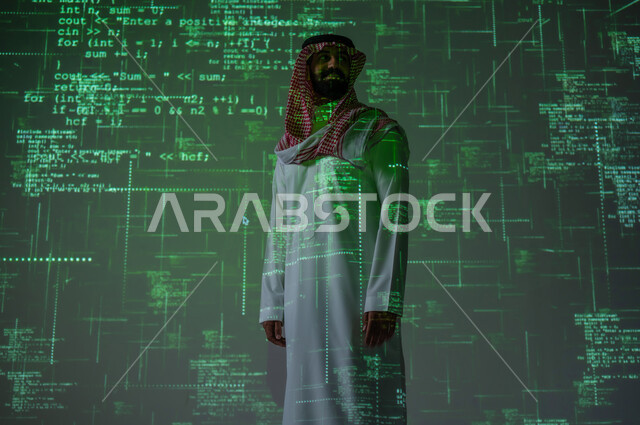 Computer science and programming languages, analyzing and understanding software codes, a Saudi Gulf Arab man wearing a traditional thobe and shemagh, gesturing with his hand, technical and digital development in Saudi Arabia, a 3D holographic background