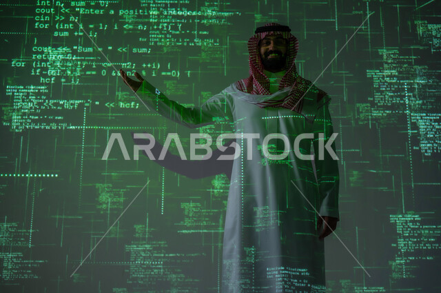 Analyzing and understanding software codes, computer science and programming languages, a Saudi Gulf Arab man wearing a traditional thobe and shemagh, gesturing with his hand, technical and digital development in Saudi Arabia, a 3D holographic background