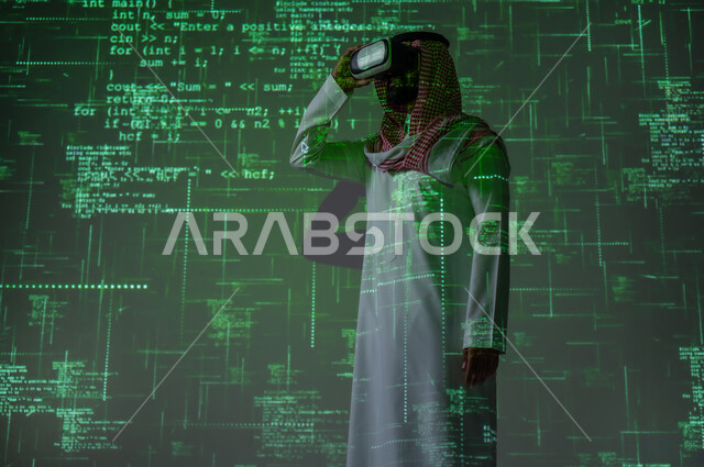 Integration into the virtual world, algorithms and programming languages, a Saudi Gulf Arab man wearing a traditional thobe and shemagh wearing VR glasses, scientific and technical development, a 3D hologram background
