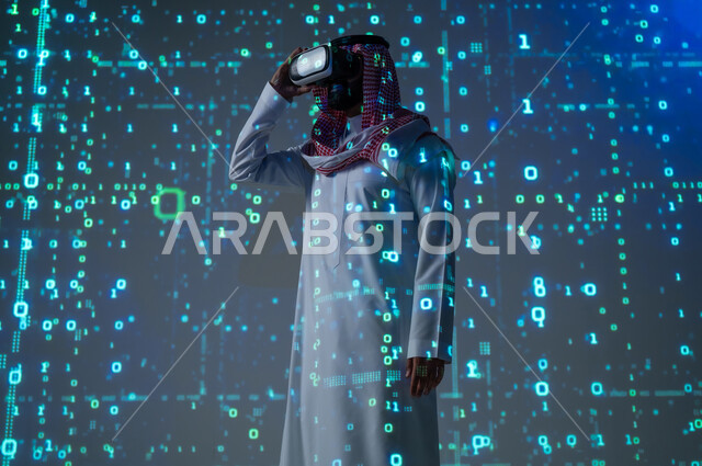 Using virtual world technology, the concept of programming languages ​​and algorithms, a Saudi Gulf Arab man wearing a traditional thobe and shemagh, wearing VR glasses, scientific and digital development, a 3D holographic background