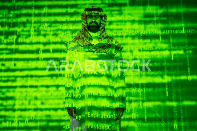 مفهوم التقدم التقني , تطور التكنولوجيا الحديثة , رجل عربي خليجي سعودي يرتدي الثوب التقليدي و الشماغ  , تقنيات رقمية متطورة , خلفية هولوجرامية ثلاثية الأبعاد