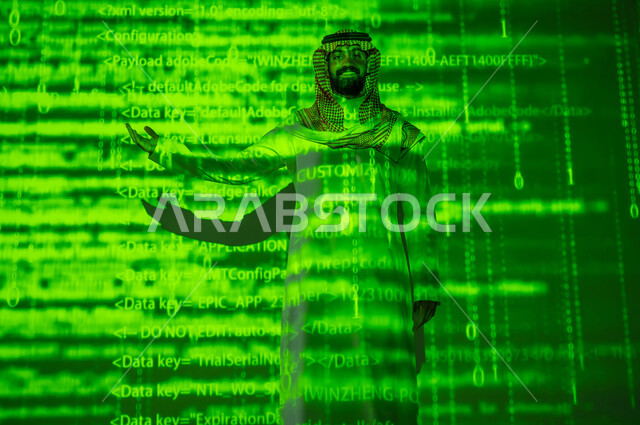 التطور الرقمي و التقني , التقدم و النمو التكنولوجي , رجل عربي خليجي سعودي يرتدي الثوب التقليدي و الشماغ يقوم بالإشارة بيده , خلفية هولوجرامية ثلاثية الأبعاد