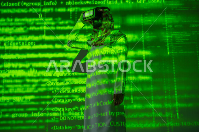 Using modern technologies, virtual reality experience, a Saudi Gulf Arab man wearing a traditional thobe and shemagh, wearing VR glasses, technical development in Saudi Arabia, a 3D holographic background