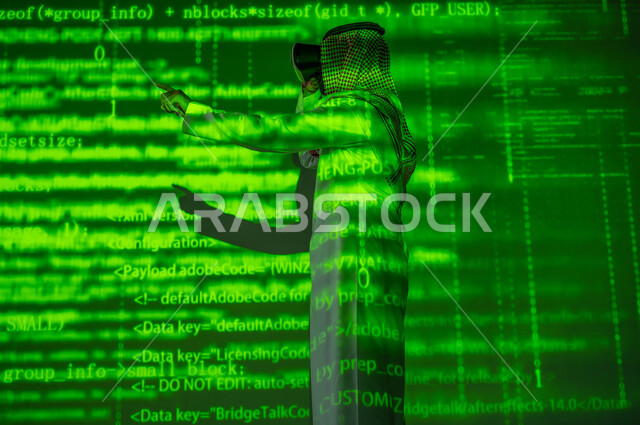 Virtual reality experience, gestures of integration and interaction, a Saudi Gulf Arab man wearing a traditional thobe and shemagh wearing VR glasses, virtual world simulation, 3D hologram background