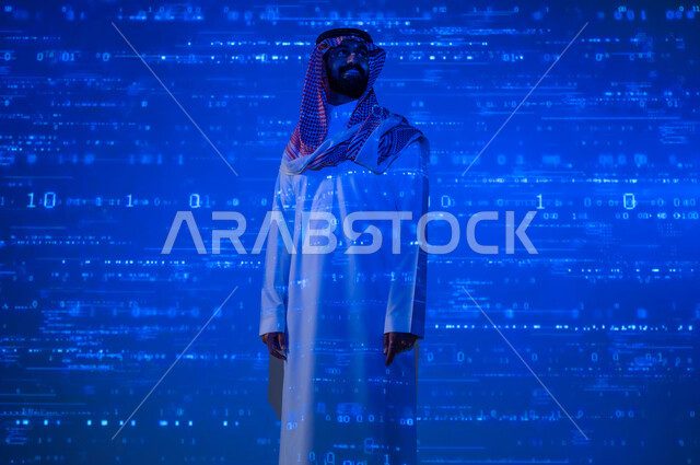 Digital transformation and technical progress, the concept of technological development and growth, a Saudi Gulf Arab man wearing a traditional thobe and shemagh, a 3D holographic background