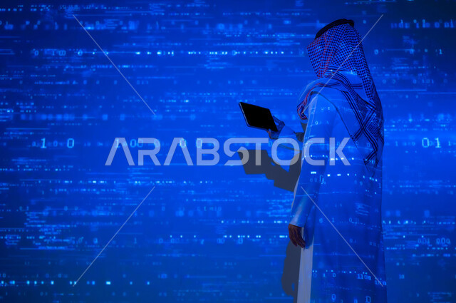 Technical progress and growth, development of digital technology, a Saudi Gulf Arab man wearing a traditional thobe and shemagh holding a tablet in his hand, displaying a blank black screen on the tablet, a 3D hologram background