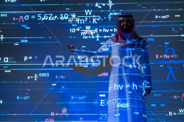 علوم التحليل الرياضي , مفهوم التطور العلمي و التقني , رجل عربي خليجي سعودي يرتدي الثوب التقليدي و الشماغ , التقدم الرقمي و التكنولوجي , خلفية هولوجرامية ثلاثية الأبعاد