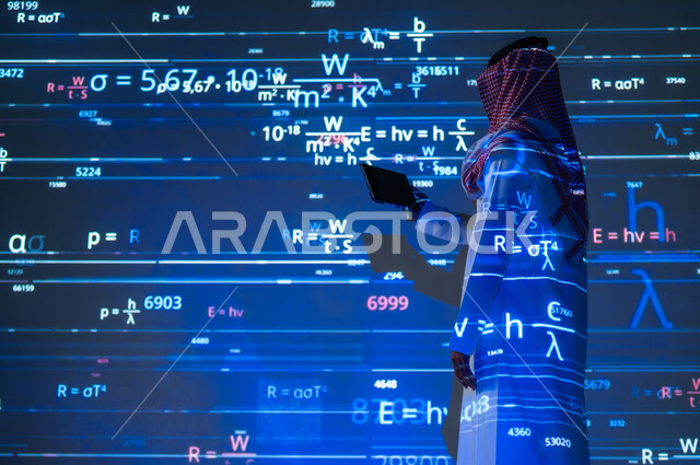 Use of modern technical devices, rules of satisfaction and statistics, a Saudi Gulf Arab man wearing a traditional thobe and shemagh holding a tablet in his hands, displaying a blank black screen on the tablet, a 3D hologram background