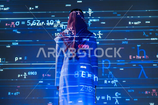 قواعد الرياضيات و الإحصاء , الأساليب الحديثة في عرض المعلومات , رجل عربي خليجي سعودي يرتدي الثوب التقليدي و الشماغ , التطور العلمي والتقني , خلفية هولوجرامية ثلاثية الأبعاد