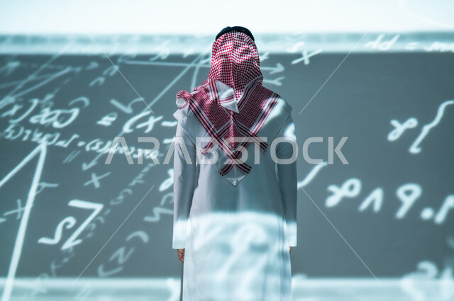 The concept of mathematics and statistics, a Saudi Gulf Arab man wearing a traditional thobe and shemagh, digital and technical development, mathematical numbers and laws, 3D holographic background