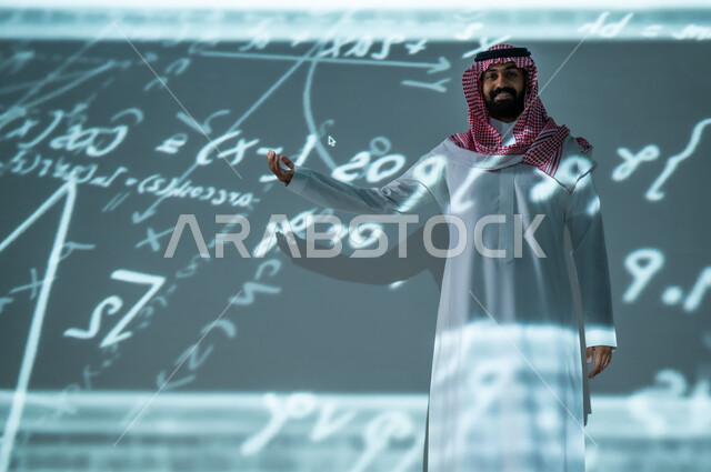 علوم الإحصاء و الرياضيات , التطور العلمي و التقني , رجل عربي خليجي سعودي يرتدي الثوب التقليدي و الشماغ , أرقام و قوانين رياضية , خلفية هولوجرامية ثلاثية الأبعاد