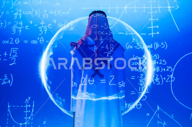مفهوم التحليل الرياضي , التقدم العلمي و التقني ,صورة من الخلف لرجل عربي خليجي سعودي يرتدي الثوب التقليدي و الشماغ , أرقام و قوانين رياضية , خلفية هولوجرامية ثلاثية الأبعاد