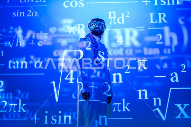 Using modern means and techniques, integrating science and technology into mathematics, future vision 2030, scientific and technical development in the Kingdom of Saudi Arabia, a Saudi Gulf Arab young man wearing the traditional dress and shemagh standing in front of mathematical equations and mathematical laws, the background is mathematical laws and algorithms