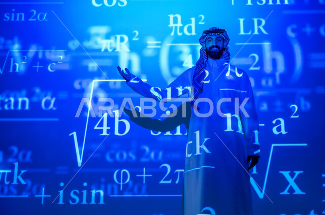 دمج العلم بالتكنولوجيا في مادة الرياضيات، استخدام الوسائل والتقنيات الحديثة، التطور العلمي والتقني في المملكة العربية السعودية، شاب عربي خليجي سعودي يرتدي الثوب التقليدي والشماغ يشير إلى المعادلات الحسابية والقوانين الرياضية، الخلفية قوانين وخوارزميات رياضية