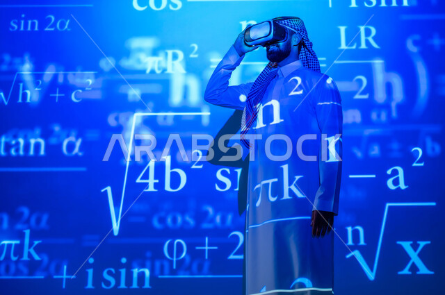 Integrating science and technology in mathematics, virtual reality simulation, scientific and technical development in the Kingdom of Saudi Arabia, a Saudi Gulf Arab young man wearing the traditional dress and shemagh looking through VR glasses at mathematical equations and laws, the background is mathematical laws and algorithms