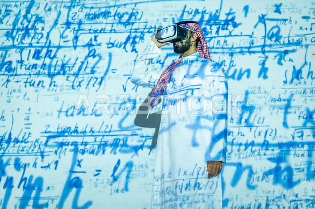 Integrating science and technology in mathematics, scientific and technical development in the Kingdom of Saudi Arabia, a Saudi Gulf Arab man wearing the traditional thobe and shemagh, smiling, looking through VR glasses at numbers and mathematical calculations, background, mathematical laws and algorithms