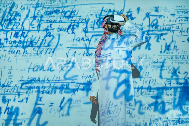 Saudi future vision 2030, scientific and technical development in the Kingdom of Saudi Arabia, merging science with technology, a Saudi Gulf Arab man wearing the traditional thobe and shemagh, smiling, looking through VR glasses at numbers and mathematical calculations, the background is mathematical laws and algorithms