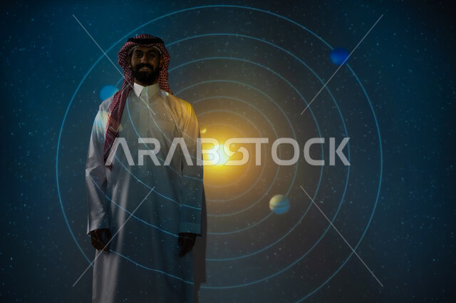 Saudi future vision 2030, growth of the space sector in the Kingdom of Saudi Arabia, gestures of happiness and pride, digital and technological development, a Saudi Gulf Arab young man wearing a traditional dress standing between the planets and stars looking at the camera, a 3D holographic background of the movement of the planets around the sun