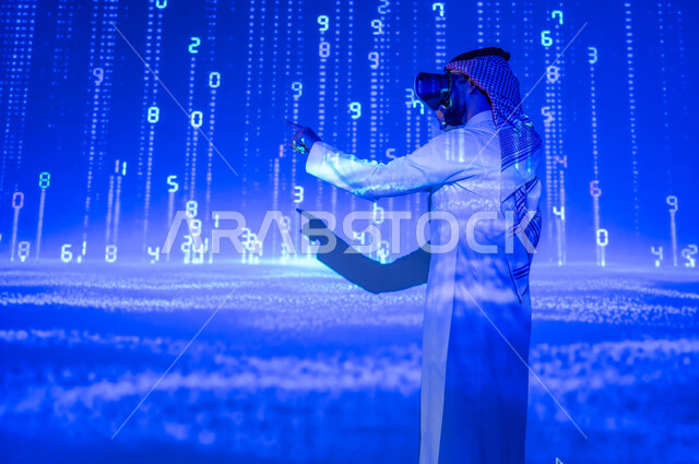 Digital and technological development in the Kingdom of Saudi Arabia, international programming languages, the use of advanced codes and algorithms, a Saudi Gulf Arab young man wearing the traditional dress, smiling, looking through VR glasses, a Saudi future vision 2030, a three-dimensional holographic background for the illuminated numbers