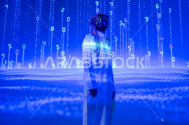 Digital and technological development in the Kingdom of Saudi Arabia, international programming languages, the use of advanced codes and algorithms, a Saudi Gulf Arab young man wearing a traditional dress, smiling, looking up, a Saudi future vision 2030, a 3D holographic background for illuminated numbers