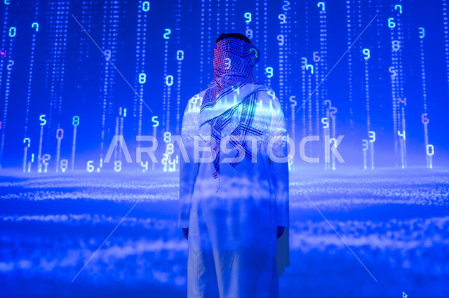 International programming languages, digital and technological development, the use of advanced codes and algorithms, a Saudi Gulf Arab young man wearing a traditional dress, a Saudi future vision 2030, a three-dimensional holographic background for illuminated numbers