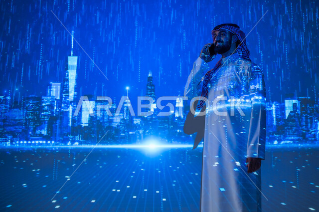 Gestures of happiness and joy, using electronic devices, communicating with people remotely, benefiting from modern technologies, a young Saudi Arabian Gulf man wearing traditional clothing speaking on a mobile phone standing in the rain in front of towers and skyscrapers, rainy weather in the city