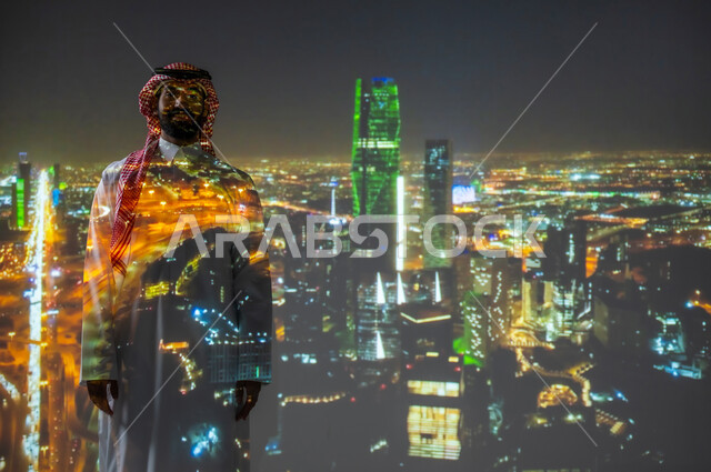 Celebrating national holidays and events, the King Abdullah Financial Center in Riyadh, towers and architectural facilities, commemorating Saudi National Day on September 23, a smiling Saudi Gulf Arab man wearing traditional clothing standing next to the flag of the Kingdom of Saudi Arabia and celebrating Flag Day on March 11