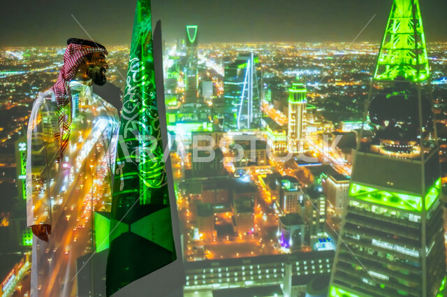 Commemorating Saudi National Day on September 23, celebrating national holidays and events, a smiling Saudi Gulf Arab man wearing traditional clothing standing next to the flag of the Kingdom of Saudi Arabia celebrating Saudi Flag Day on March 11, background, Al-Faisaliah Tower in Riyadh, looking with gestures of happiness and pleasure