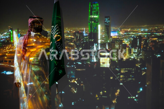 Illuminated towers and skyscrapers, celebrating national holidays and events, commemorating Saudi National Day on September 23, a smiling Saudi Gulf Arab man wearing traditional clothing standing next to the flag of the Kingdom of Saudi Arabia celebrating Saudi Flag Day on March 11, background, Al-Faisaliah Tower in Riyadh