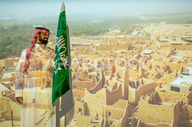 ذكرى اليوم الوطني للسعودية في 23 سبتمبر، الاحتفال بالأعياد والمناسبات الوطنية، مناطق أثرية محلية،رجل عربي خليجي سعودي مبتسم يرتدي الزي التقليدي يقف بجانب علم المملكة العربية السعودية يحتفل يوم العلم السعودي في11 مارس، الخلفية قصر سلوى الدرعية البجيري في الرياض