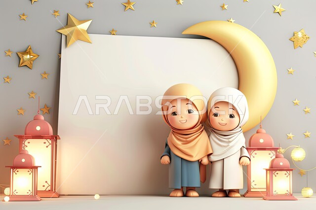 روابط المحبة بين الأخوات، تصميم ثلاثي الأبعاد لفتاتان عربيتان خليجيتان سعوديتان محجبتان تقفان بجانب لوحة بيضاء فارغة والفوانيس المضيئة، ديكورات وزينة رمضان المبارك، البهجة بقدوم شهر الخير، منظر النجوم والهلال