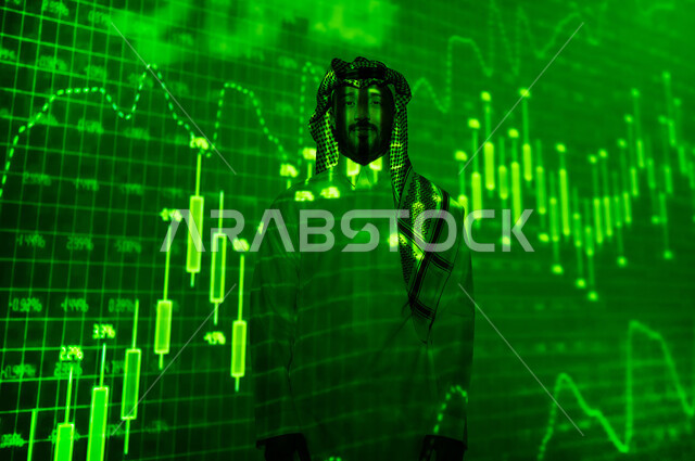 Viewing charts, success in financial trading, a Saudi Gulf Arab man wearing a traditional thobe and shemagh standing in front of a screen full of numbers and statistics looking at the camera with self-confidence gestures, a three-dimensional hologram background