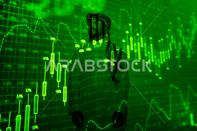 تحقيق الاهداف والنجاح في التداول المالي, الاطلاع على الرسوم البيانية، رجل عربي خليجي سعودي يرتدي الثوب التقليدي و الشماغ يقف أمام شاشة مليئة بالأرقام و الإحصائيات ينظر الى شيء ما بإيماءات الثقة بالنفس، خلفية هولوجرامية ثلاثية الأبعاد