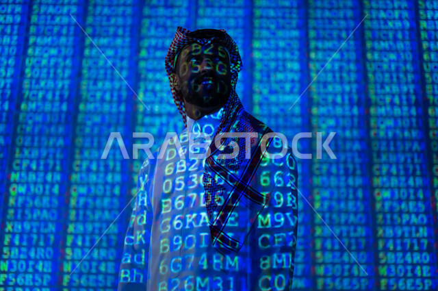 Codes and programming symbols indicating protected data, a Saudi Gulf Arab man wearing a traditional thobe and shemagh looking at something with gestures of self-confidence, the concept of business technology related to cybersecurity and information protection, a 3D hologram background in blue