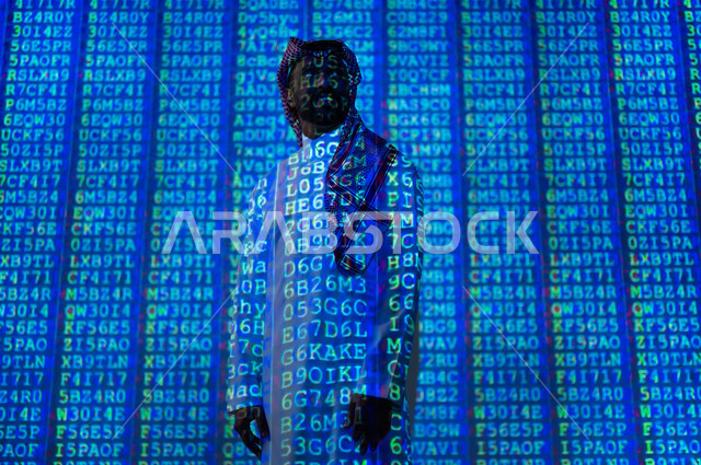 Codes and programming symbols indicating protected data, a Saudi Gulf Arab man wearing a traditional thobe and shemagh looking at something with gestures of self-confidence, the concept of business technology related to cybersecurity and information protection, a 3D hologram background in blue
