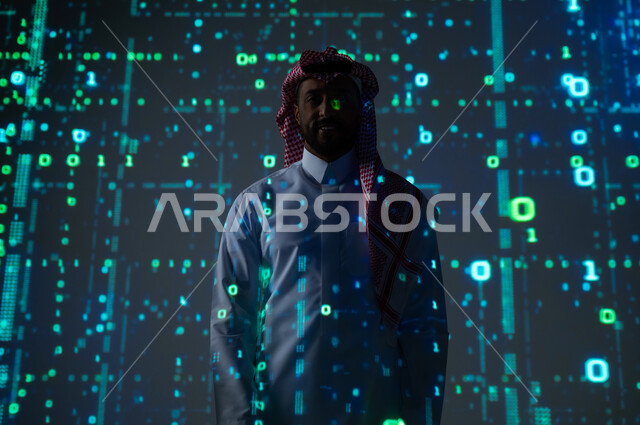 The use of programming languages, digital, technical and technological development, a Saudi Gulf Arab man wearing a traditional thobe and shemagh looking at the camera with self-confidence gestures, a three-dimensional holographic background for software algorithms