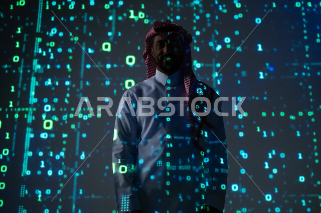 The use of programming languages, digital, technical and technological development, a Saudi Gulf Arab man wearing a traditional thobe and shemagh looking at the camera with self-confidence gestures, a three-dimensional holographic background for software algorithms