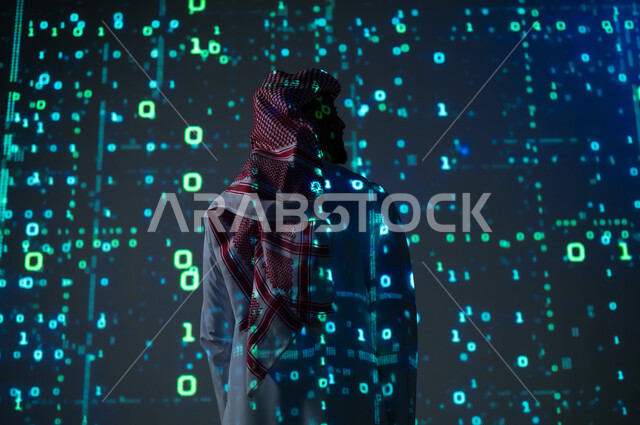 The use of programming languages, digital, technical and technological development, a picture from the back of a Saudi Gulf Arab man wearing the traditional dress and shemagh standing in front of programming codes and algorithms, a three-dimensional holographic background