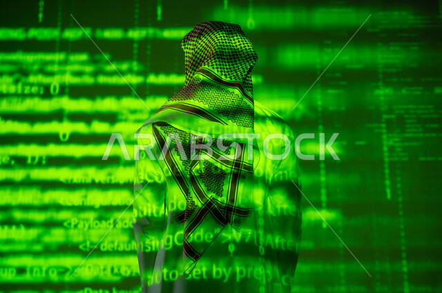 التقدم العلمي و التقني في المملكة العربية السعودية, حسابات وأرقام في مادة الرياضيات، صورة من الخلف لرجل عربي خليجي سعودي يرتدي الثوب التقليدي والشماغ يقف أمام المعادلات الحسابية, خلفية خضراء للقوانين والخوارزميات