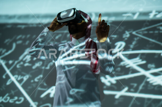 Future vision 2030, scientific and technical development in the Kingdom, virtual reality simulation, a Saudi Gulf Arab young man wearing the traditional dress and shemagh, looking through VR glasses, raising his index finger up, calculations and numbers in scientific subjects, mathematical laws and equations