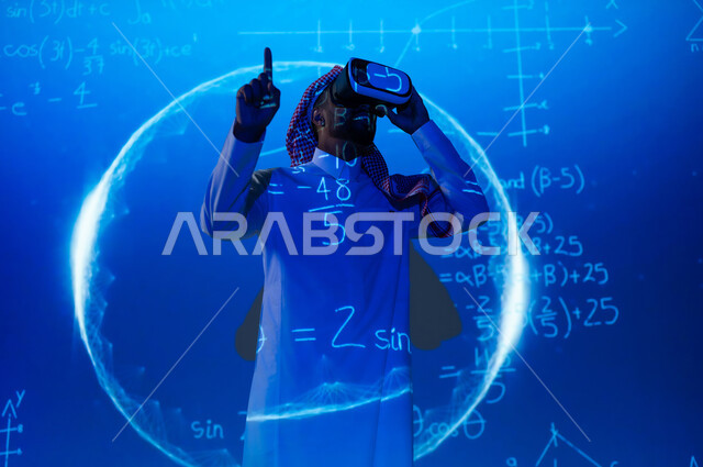 Future vision 2030, scientific and technical development in the Kingdom, virtual reality simulation, a Saudi Gulf Arab young man wearing the traditional dress and shemagh, looking through VR glasses, raising his index finger up, calculations, numbers, and geometric shapes, a three-dimensional blue holographic background