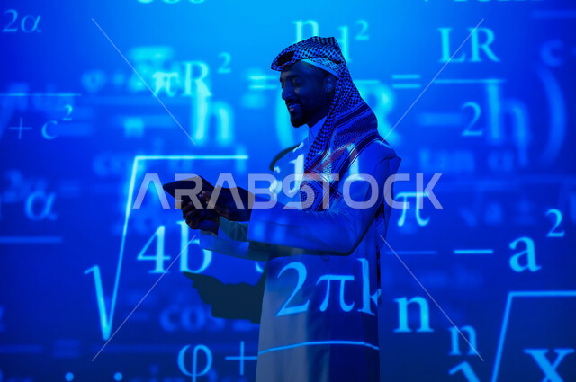Using modern technologies, integrating science with technology, numbers and calculations in mathematics, a Saudi Gulf Arab man wearing a traditional thobe and shemagh holding a tablet in his hand, scientific and technical development in the Kingdom of Saudi Arabia, a blue background for mathematical laws and equations