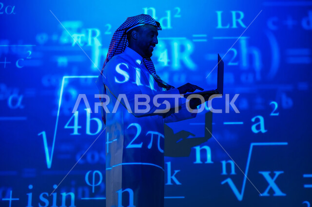 Using modern technologies, integrating science with technology, numbers and calculations in mathematics, a Saudi Gulf Arab man wearing a traditional thobe and shemagh, holding a laptop in his hand, scientific and technical development in the Kingdom of Saudi Arabia, a blue background for mathematical laws and equations