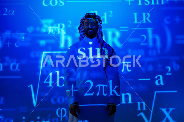 حسابات وأرقام في مادة الرياضيات، رجل عربي خليجي سعودي يرتدي الثوب التقليدي والشماغ يقف باستقامة ينظر الى الكاميرا بإيماءات الفرح والسرور, التطور العلمي و التقني في المملكة العربية السعودية, خلفية زرقاء لقوانين ومعادلات رياضية