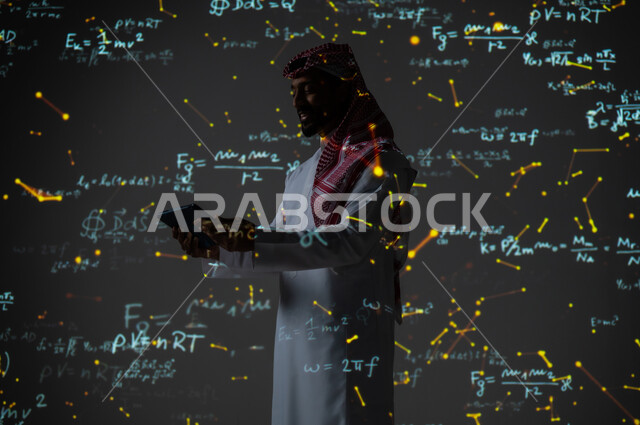 استخدام التقنيات الحديثة, دمج العلم بالتكنولوجيا، أرقام وحسابات في مادة الرياضيات، رجل عربي خليجي سعودي يرتدي الثوب التقليدي والشماغ يحمل بيده جهاز التابلت اللوحي, التطور العلمي و التقني في المملكة العربية السعودية, خلفية سوداء للقوانين والمعادلات الرياضية الملونة