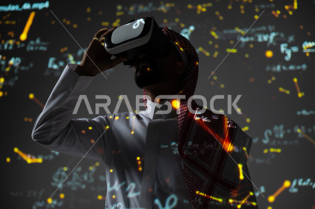 رؤية مستقبلية 2030 ، التطور العلمي والتقني في المملكة العربية السعودية، محاكاة الواقع الافتراضي، شاب عربي خليجي سعودي يرتدي الثوب التقليدي والشماغ ينظر من خلال نظارات الفي ار إلى المعادلات الحسابية، خلفية سوداء للقوانين والمعادلات الرياضية الملونة