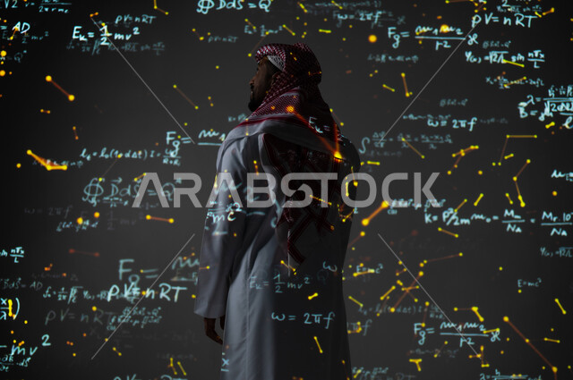 أرقام وحسابات في مادة الرياضيات، صورة من الخلف لرجل عربي خليجي سعودي يرتدي الثوب التقليدي والشماغ يقف أمام المعادلات الحسابية والقوانين الرياضية، التطور العلمي و التقني في المملكة العربية السعودية, خلفية سوداء للقوانين والخوارزميات الرياضية الملونة
