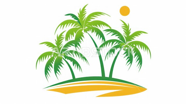 Distinctive landscape drawing, illustrations of green palm trees on the sand hills in front of the beach, view of the sun in the sky, white background