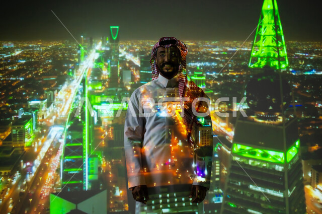 حب الوطن والانتماء إليه، رؤية مستقبلية سعودية 2030، يوم العلم السعودي 11 مارس، رجل عربي خليجي سعودي يرتدي الثوب التقليدي ينظر إلى الكاميرا، الأبراج وناطحات السحاب المضاءة ليلاً باللون الأخضر، الاحتفال باليوم الوطني 23 سبتمبر في المملكة العربية السعودية